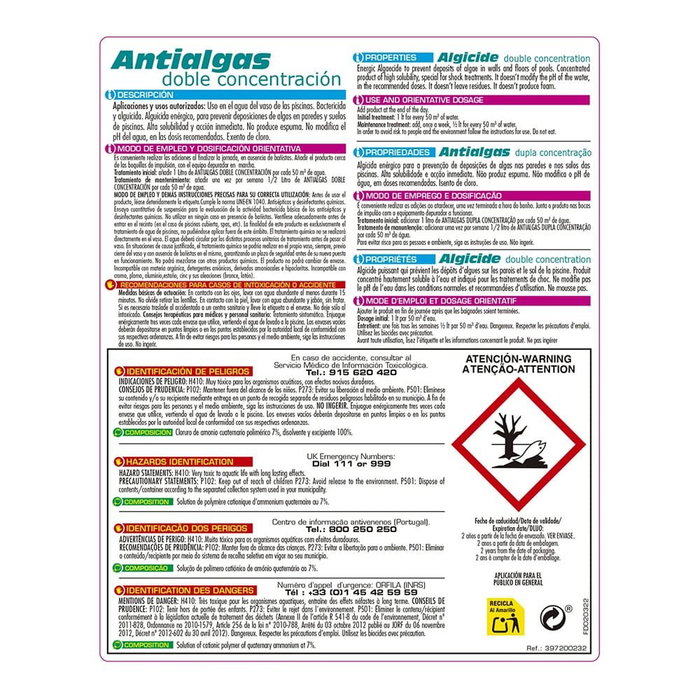 PQS Antialgas doble concentración para piscinas, previene y elimina algas en paredes y suelos, sin modificar el pH, líquido, garrafa 5 litros