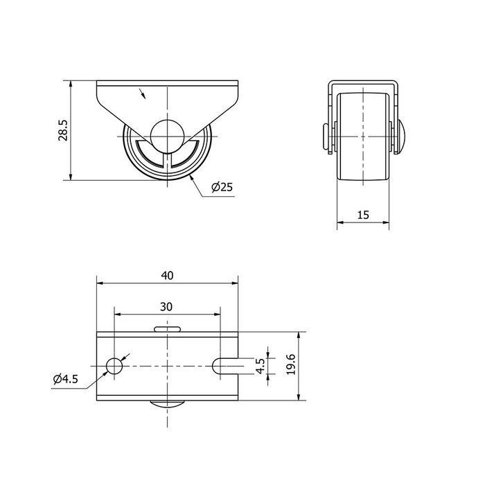 Ruedas Alex Rueda Fija Goma Gris Carga Máx. 40 kg con Placa y Eje Liso Ø 2,5 cm