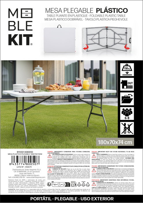 Moblekit Mesa de Plástico Plegable 180x70x74cm