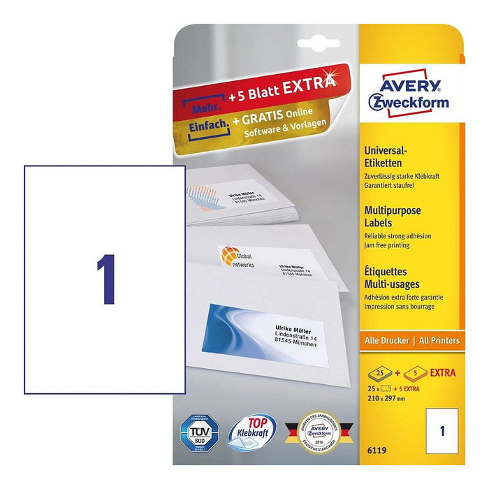 AVERY Zweckform Etiketten 6119 blanco 210,0 x 297,0 mm AVERY Zweckform Etiketten 6119 blanco 210,0 x 297,0 mm
