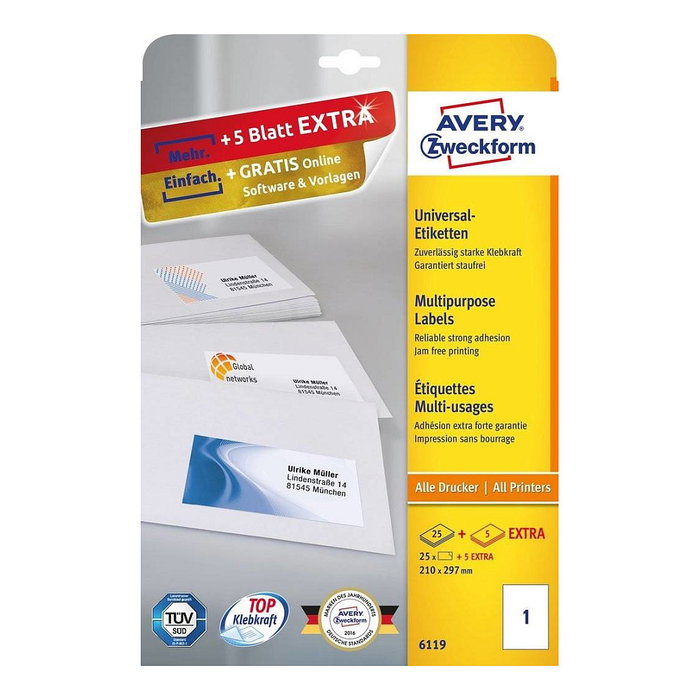 AVERY Zweckform Etiketten 6119 blanco 210,0 x 297,0 mm AVERY Zweckform Etiketten 6119 blanco 210,0 x 297,0 mm