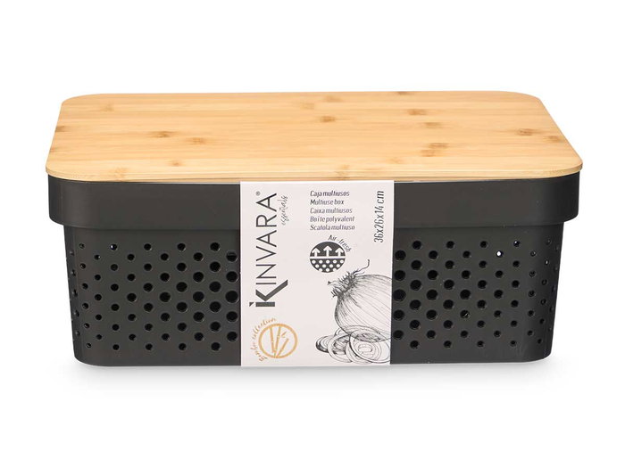 Kinvara Caja Multiusos Perforada Tapa Bambu Negra 14 cm (Set de 6)
