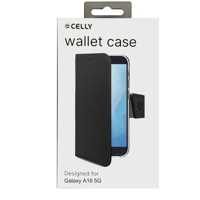 Celly WALLY Funda cartera Samsung Galaxy A16 5G/4G/EE/M16/F16 17 cm (6.7") Negra, imitación piel, con soporte y bolsillo para tarjetas