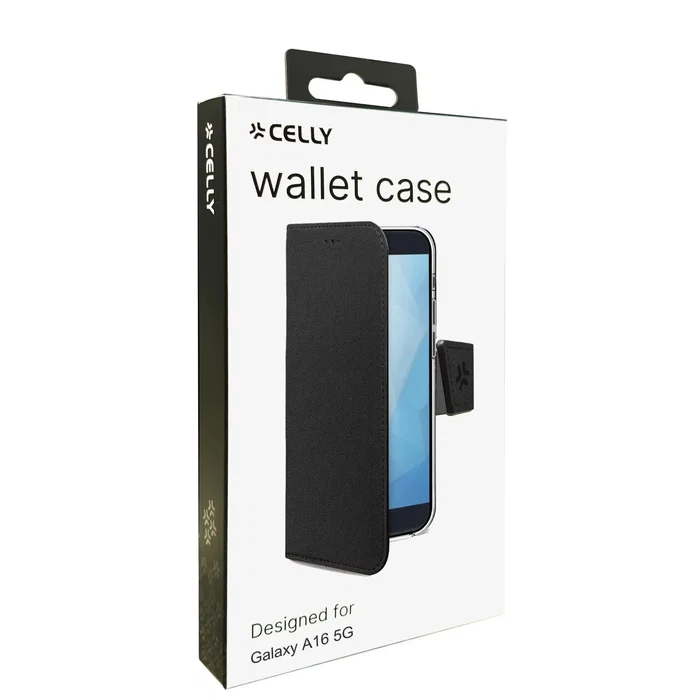 Celly WALLY Funda cartera Samsung Galaxy A16 5G/4G/EE/M16/F16 17 cm (6.7") Negra, imitación piel, con soporte y bolsillo para tarjetas