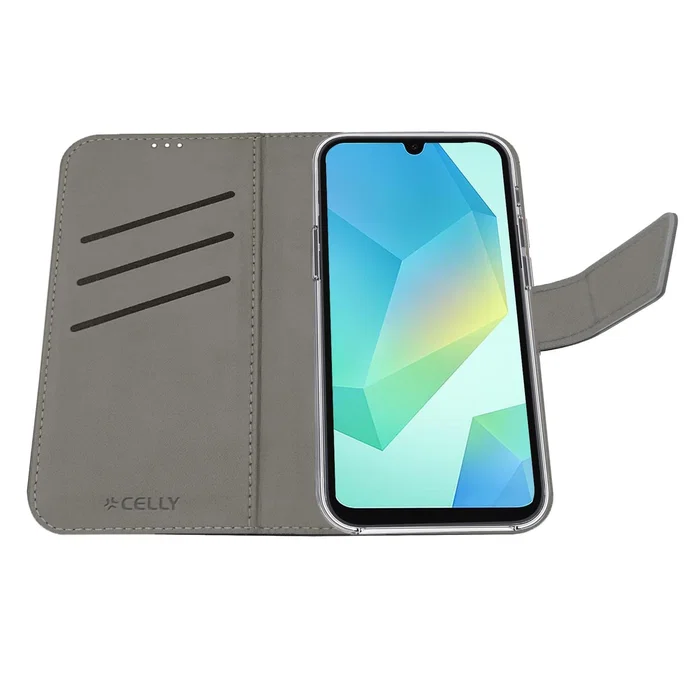 Celly WALLY Funda cartera Samsung Galaxy A16 5G/4G/EE/M16/F16 17 cm (6.7") Negra, imitación piel, con soporte y bolsillo para tarjetas