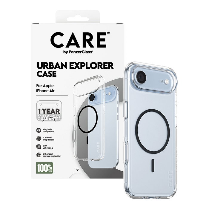 PanzerGlass CARE - Funda Transparente con Soporte MagSafe Negro para iPhone Air | Resistente a Golpes y Rayones | Protección Antiamarilleamiento | Material 100% Reciclado