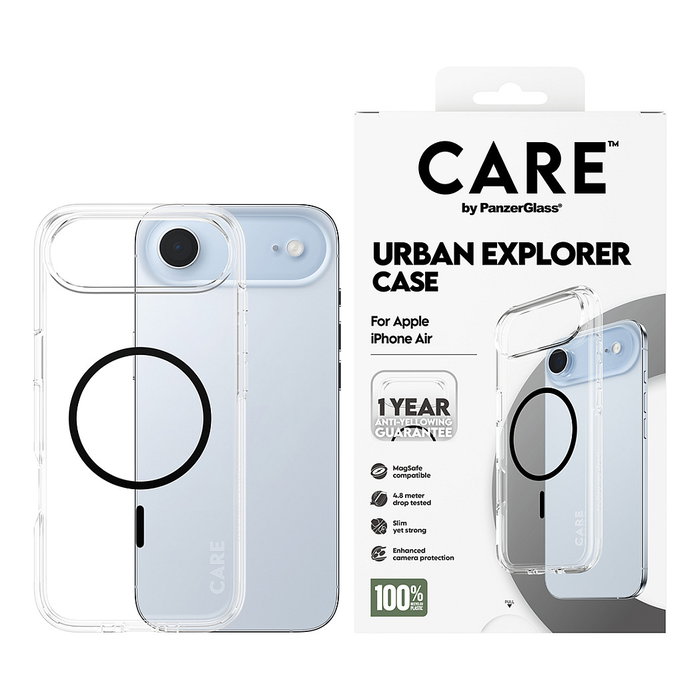 PanzerGlass CARE - Funda Transparente con Soporte MagSafe Negro para iPhone Air | Resistente a Golpes y Rayones | Protección Antiamarilleamiento | Material 100% Reciclado