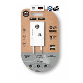 Gan Tech Cargador de pared Tec2230 1xUSB Tipo-C + 1xUSB 30W Blanco