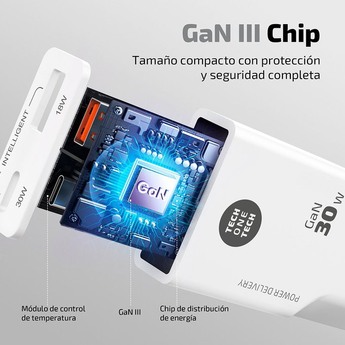 Gan Tech Cargador de pared Tec2230 1xUSB Tipo-C + 1xUSB 30W Blanco