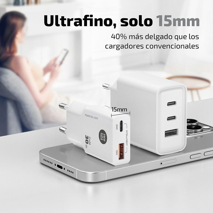 Gan Tech Cargador de pared Tec2230 1xUSB Tipo-C + 1xUSB 30W Blanco