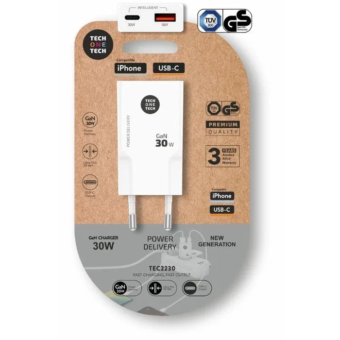 Cargador de pared gan tech one tech gan tec2230 1xusb tipo-c 1xusb 30w blanco