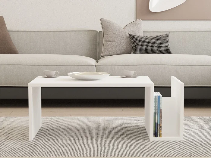 Mesa de centro MEMO blanca con tapa elevable y almacenamiento integrado, dimensiones: 86,8 cm ancho x 32,4 cm profundo x 50 cm alto
