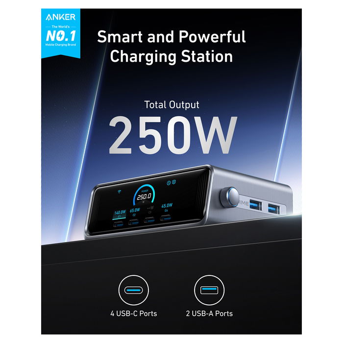Anker Cargador Prime 250W USB-C GaNPrime 6 Puertos Carga Rápida LCD