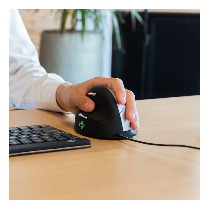 R-GO HE Ratón Ergonómico para Zurdos - Modelo Mediano (M), Cableado USB, Óptico 2400 DPI, 5 Botones, Software de Pausa, Color Negro, para Manos 175-195 mm