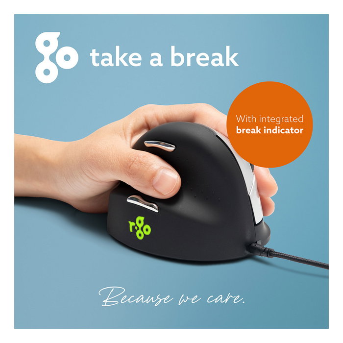 R-GO HE Ratón Ergonómico para Zurdos - Modelo Mediano (M), Cableado USB, Óptico 2400 DPI, 5 Botones, Software de Pausa, Color Negro, para Manos 175-195 mm