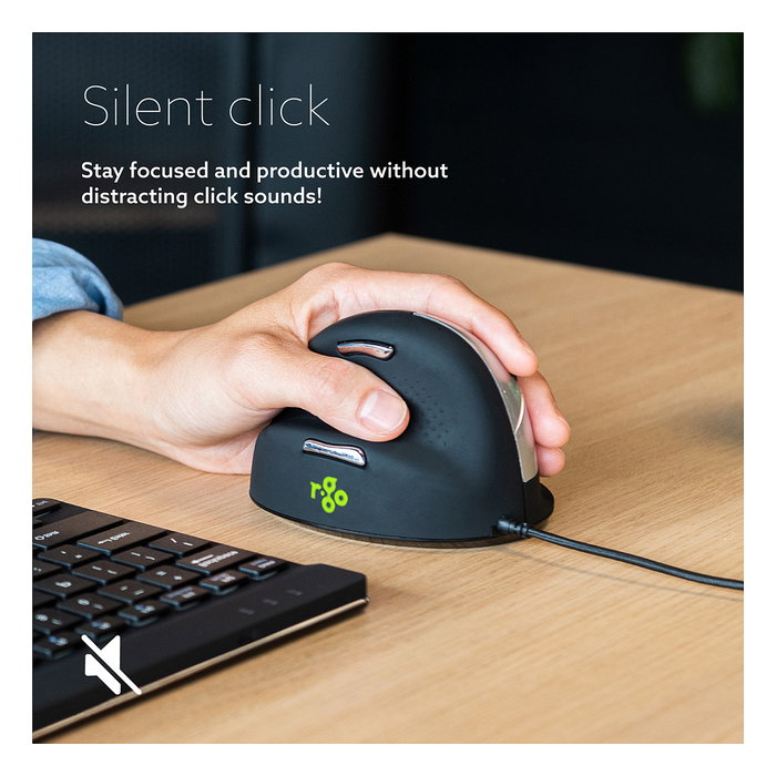 R-GO HE Ratón Ergonómico para Zurdos - Modelo Mediano (M), Cableado USB, Óptico 2400 DPI, 5 Botones, Software de Pausa, Color Negro, para Manos 175-195 mm