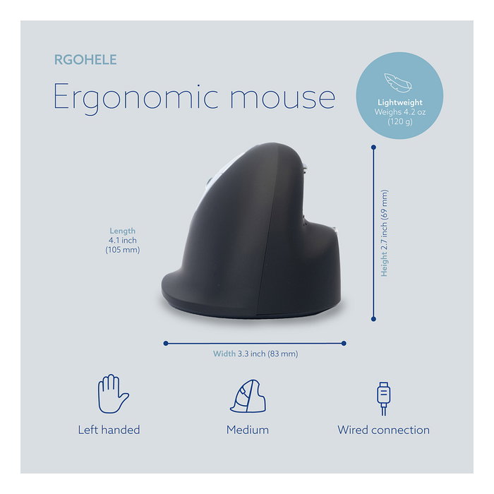 R-GO HE Ratón Ergonómico para Zurdos - Modelo Mediano (M), Cableado USB, Óptico 2400 DPI, 5 Botones, Software de Pausa, Color Negro, para Manos 175-195 mm