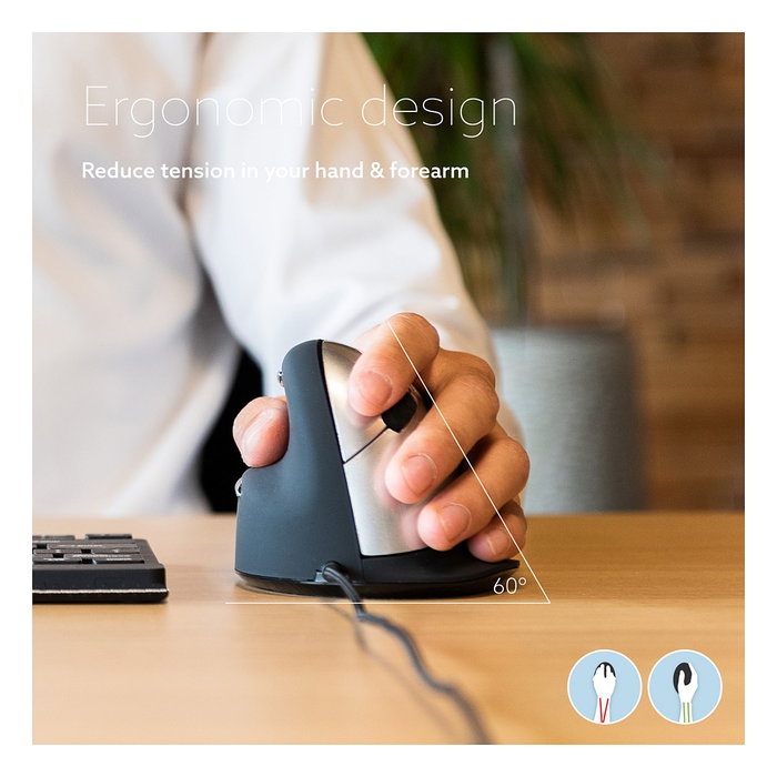 R-GO HE Ratón Ergonómico para Zurdos - Modelo Mediano (M), Cableado USB, Óptico 2400 DPI, 5 Botones, Software de Pausa, Color Negro, para Manos 175-195 mm