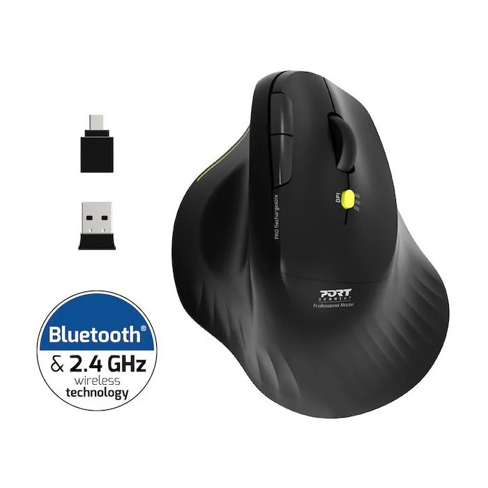Port Designs Ratón Inalámbrico 910200 ERGO, Bluetooth y 2.4 GHz, Negro, Ergonómico