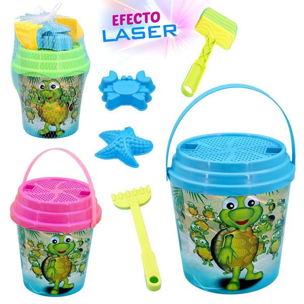 Juinsa Cubo de Playa Láser Tortuga con Pala, Rastrillo, Moldes y Cedazo, 17 x 17 cm - Modelos Surtidos