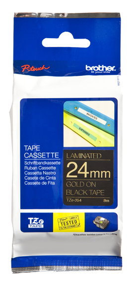 Brother TZe-354 Cinta Laminada de 24 mm, Oro sobre Negro