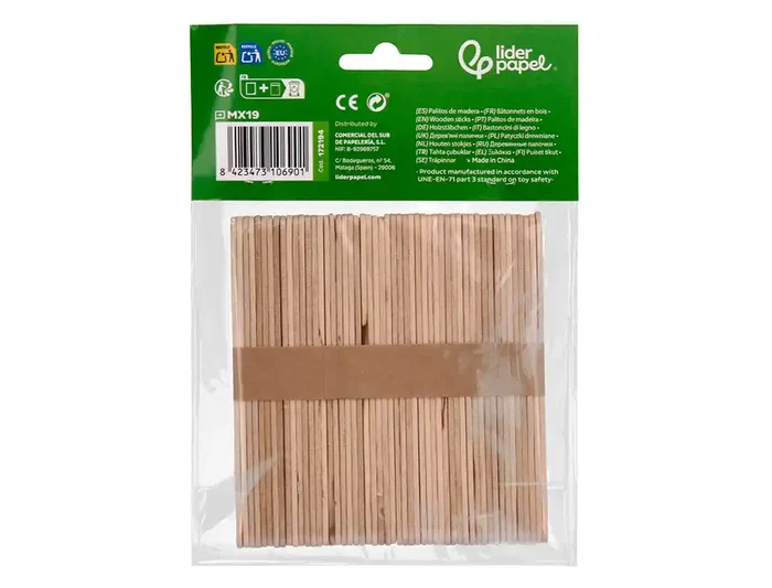Liderpapel Palitos de Madera Natural 11,4 x 1 cm Bolsa 50 Unidades