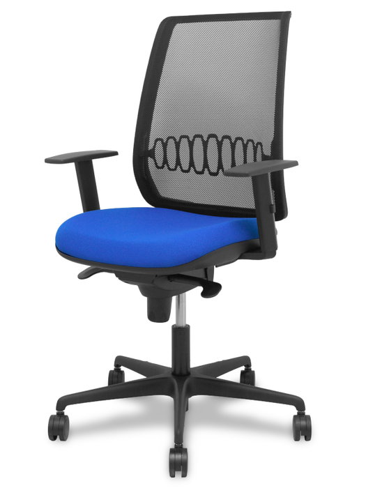 Silla de oficina Alares con mecanismo Sincro tapizada con Tela color Azul y malla color Negro. Equipada con lumbar 1D, Brazos 1D y Ruedas 65mm nailon