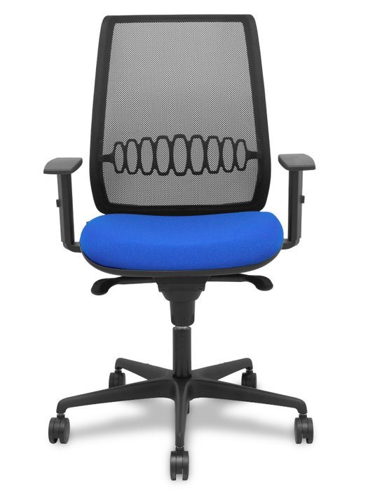 Silla de oficina Alares con mecanismo Sincro tapizada con Tela color Azul y malla color Negro. Equipada con lumbar 1D, Brazos 1D y Ruedas 65mm nailon
