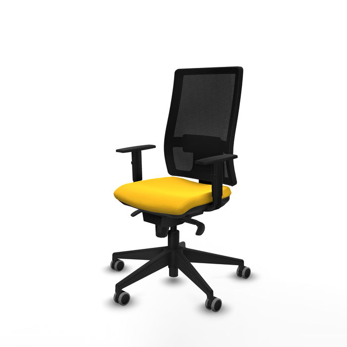 Silla de oficina Horna con mecanismo Sincro tapizada con Similpiel color Amarillo y malla color Negro. Equipada con lumbar 1D, Brazos 1D y Ruedas 65 mm parqué Silla de oficina Horna con mecanismo Sincro tapizada con Similpiel color Amarillo y malla color Negro. Equipada con lumbar 1D, Brazos 1D y Ruedas 65 mm parqué