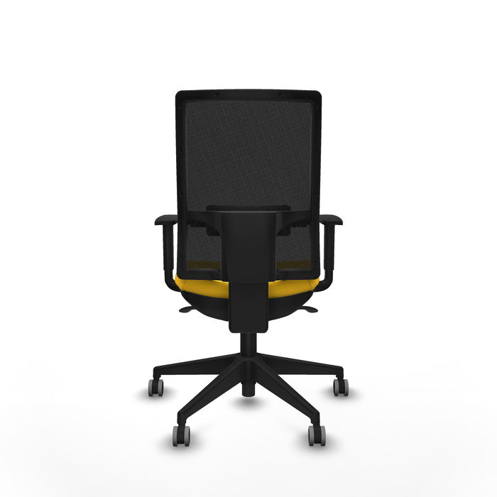 Silla de oficina Horna con mecanismo Sincro tapizada con Similpiel color Amarillo y malla color Negro. Equipada con lumbar 1D, Brazos 1D y Ruedas 65 mm parqué Silla de oficina Horna con mecanismo Sincro tapizada con Similpiel color Amarillo y malla color Negro. Equipada con lumbar 1D, Brazos 1D y Ruedas 65 mm parqué