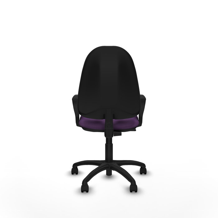 Silla de oficina Algarra con mecanismo Contacto permanente básico tapizada con Tela color Morado. Equipada con Base poliamida negra, Brazos fijos y Ruedas de nailon 50 mm