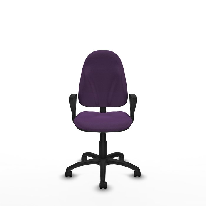 Silla de oficina Algarra con mecanismo Contacto permanente básico tapizada con Tela color Morado. Equipada con Base poliamida negra, Brazos fijos y Ruedas de nailon 50 mm
