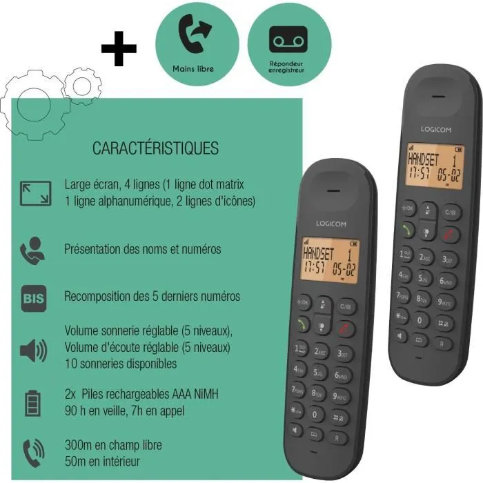 Logicom Teléfono Fijo Inalámbrico DECT ILOA 255T DUO Negro con Contestador Automático