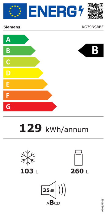 Siemens KG39NSBBF Combinado 363L Negro SN-T Clase B 260L Nevera/103L Congelador HyperFreshBox Antiescarcha WiFi 203x60x66.5cm
