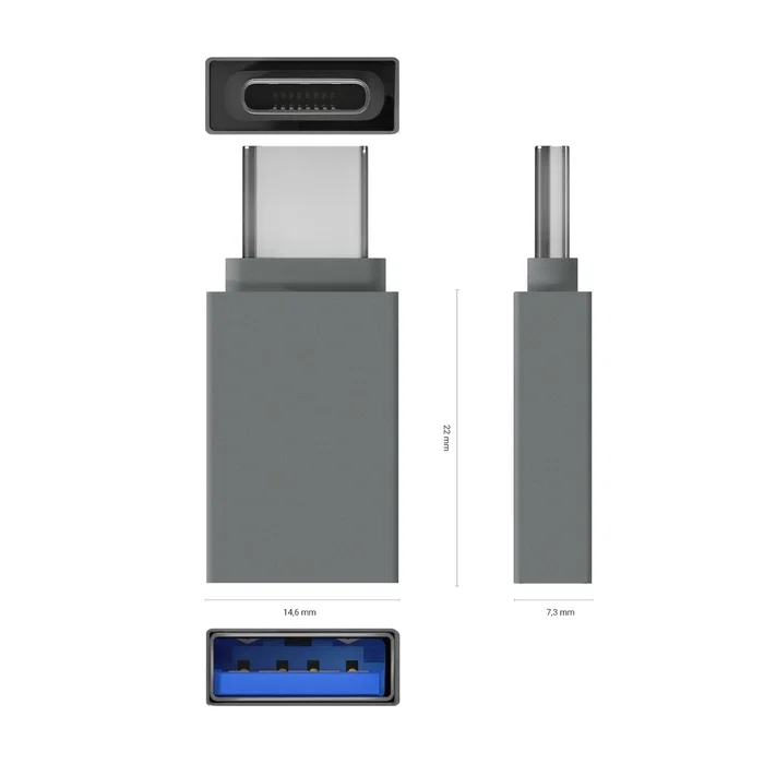 AISENS Mini Adaptador de Aluminio USB 3.2 Gen1 Gris (USB-C Macho a USB-A Hembra)