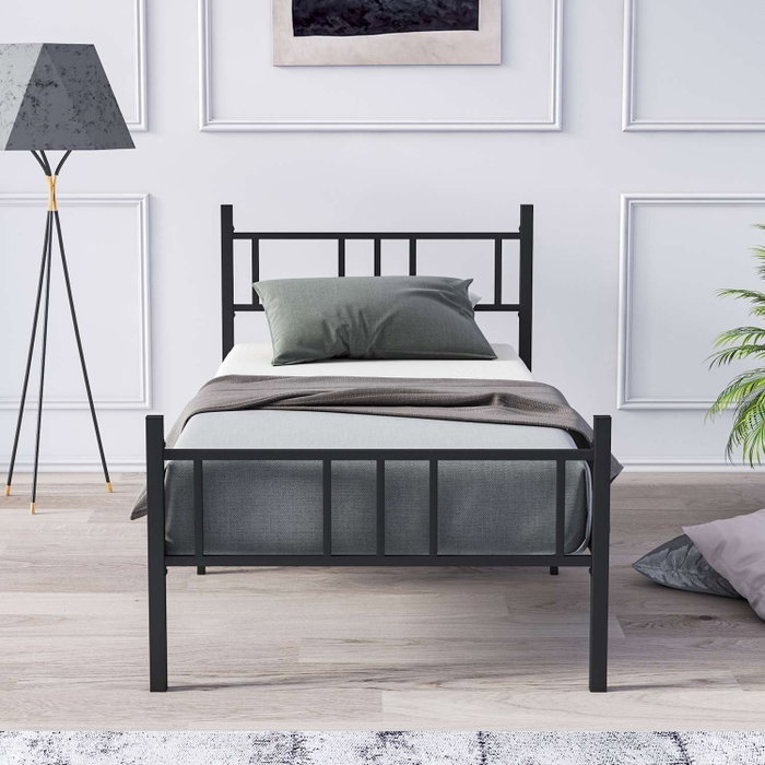 Hanah Home Cama Individual Black 90x200 Metal 100% Negro Alto Cabecero 88cm Profundo 200cm Patas 31.5cm