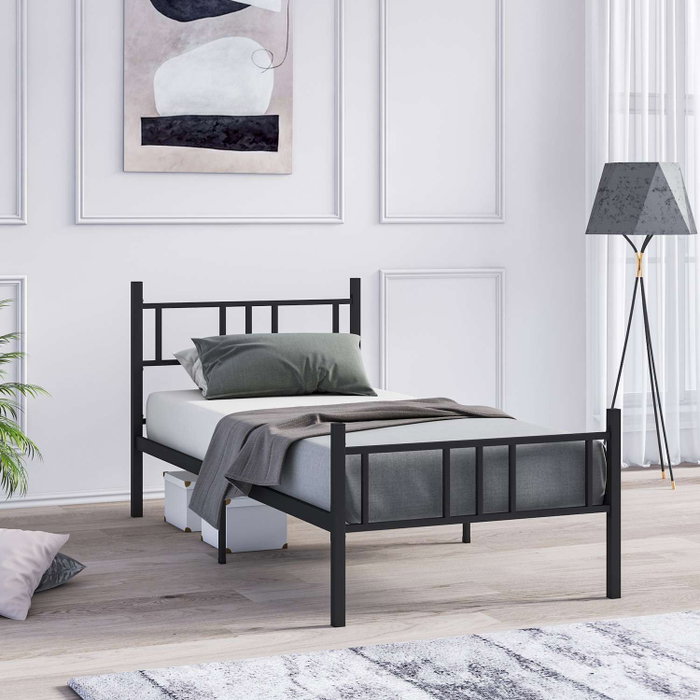 Hanah Home Cama Individual Black 90x200 Metal 100% Negro Alto Cabecero 88cm Profundo 200cm Patas 31.5cm