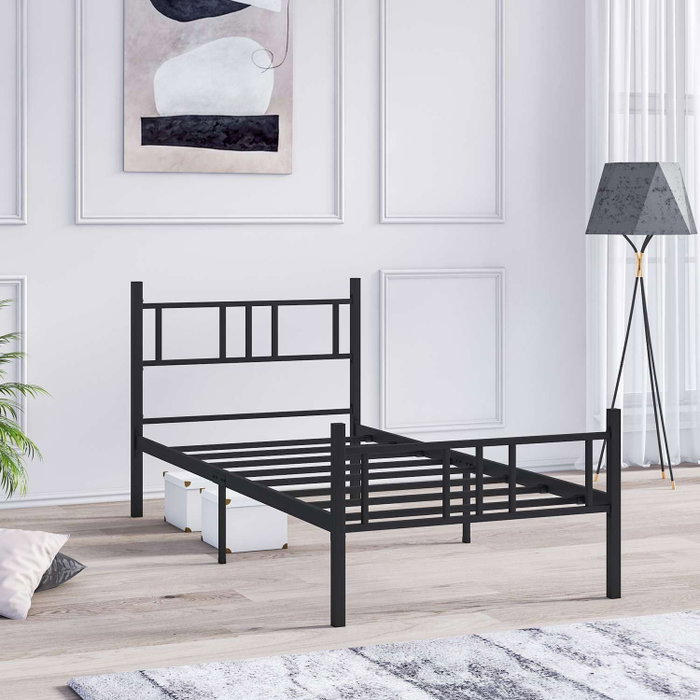 Hanah Home Cama Individual Black 90x200 Metal 100% Negro Alto Cabecero 88cm Profundo 200cm Patas 31.5cm