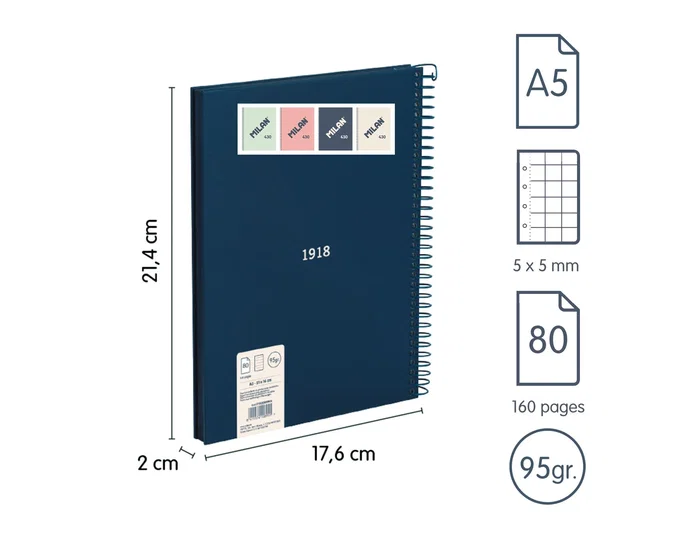 Milan Cuaderno A5 con Espiral y Tapa Dura, 80 Hojas Cuadriculadas, Azul Milan Cuaderno A5 con Espiral y Tapa Dura, 80 Hojas Cuadriculadas, Azul