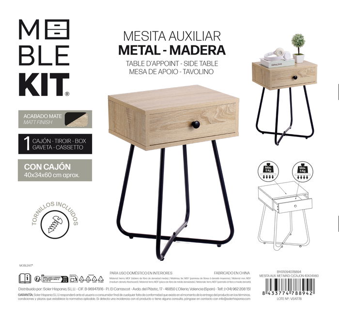 Inde Mesita Auxiliar Metálica y Madera con Cajón 40 x 34 x 60 cm (3 Unidades)