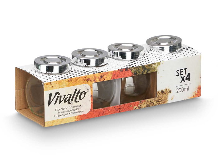 Vivalto Set 4 Especieros 200 ml Vidrio Metal Plástico Transparente 27 x 8.5 x 8.5 cm (Set de 24) Vivalto Set 4 Especieros 200 ml Vidrio Metal Plástico Transparente 27 x 8.5 x 8.5 cm (Set de 24)