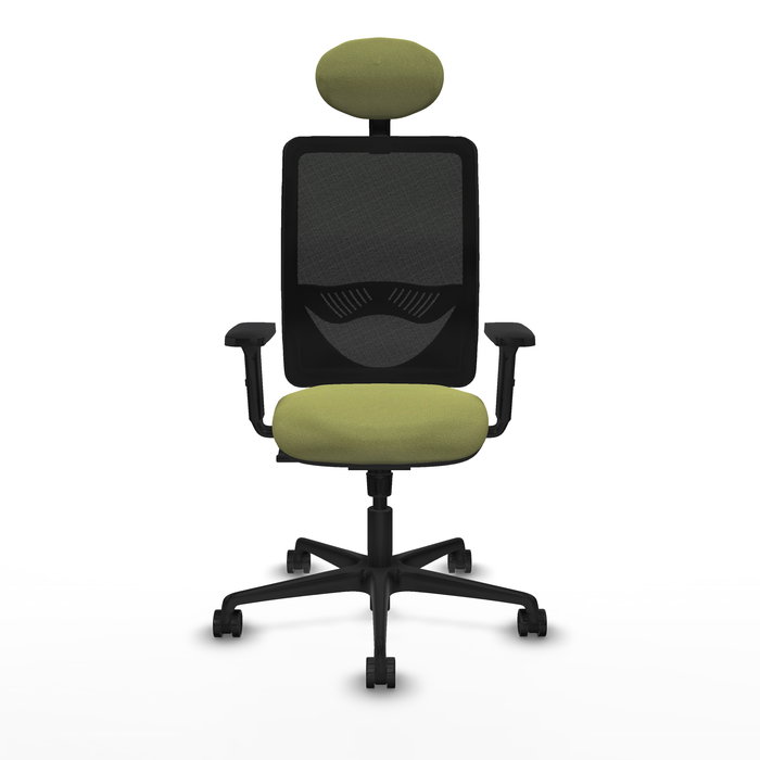 Silla de oficina Zulema con mecanismo Sincro tapizada con Tela color Verde oliva y malla color Negro. Equipada con lumbar 1D, Brazos 2D, Cabecero Fijo y Ruedas 65mm nailon