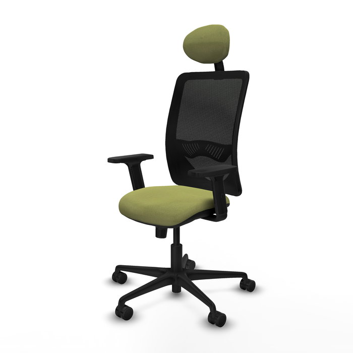 Silla de oficina Zulema con mecanismo Sincro tapizada con Tela color Verde oliva y malla color Negro. Equipada con lumbar 1D, Brazos 2D, Cabecero Fijo y Ruedas 65mm nailon