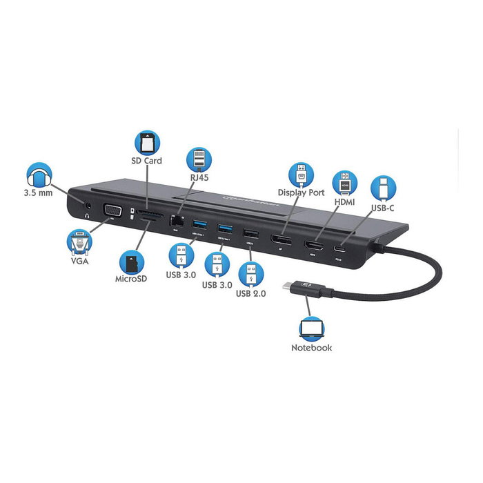 MANHATTAN Docking Station USB-C 11-en-1 MST para Tres Monitores con Power Delivery de 100W