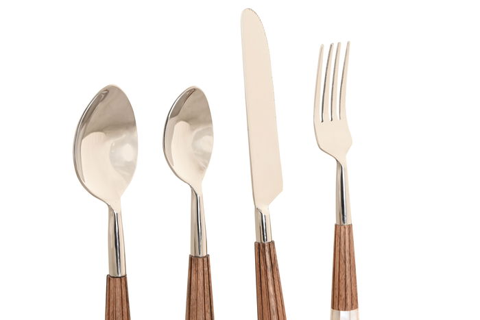 DKD Home Decor Cuberteria Acero Inoxidable y Acacia Natural Blanco Set 16 Piezas 21 x 4.5 x 2 cm