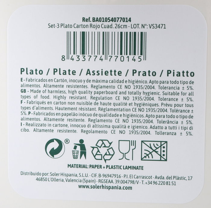 Algon Set 3 Platos de Cartón Rojos Cuadrados 26 cm (18 Unidades)