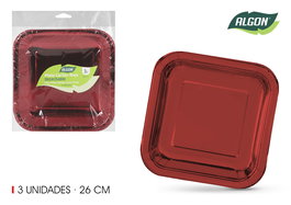 Algon Set 3 Platos de Cartón Rojos Cuadrados 26 cm (18 Unidades)