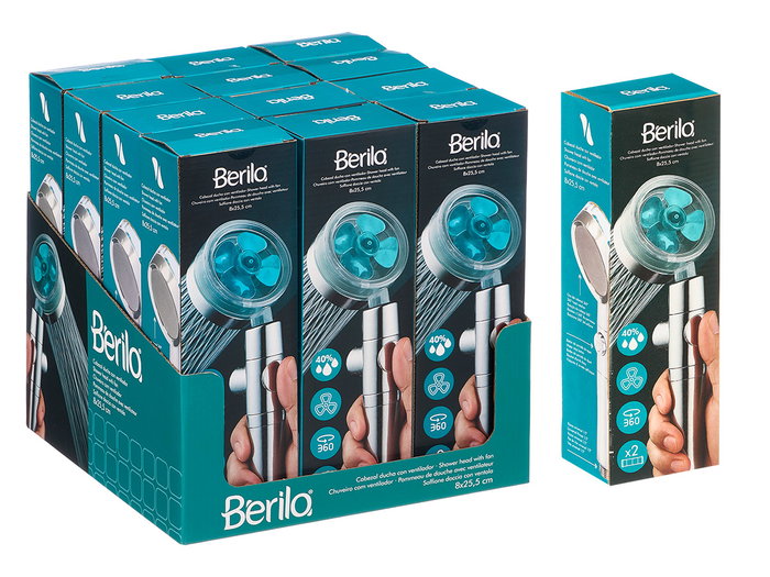 Berilo Cabezal Ducha Ventilador Plata 8.8x27x6.5 cm con 3 filtros (Set de 24)