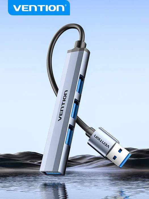Vention CKOHB Hub USB 3.0 con 4 Puertos (1x USB 3.2 Gen 1 Type-A y 3x USB 2.0), 5000 Mbit/s, Color Gris Aluminio, Mini Concentrador