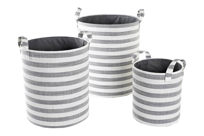 DKD Home Decor Set de 3 Cestas de Algodón con Rayas, Gris y Blanco